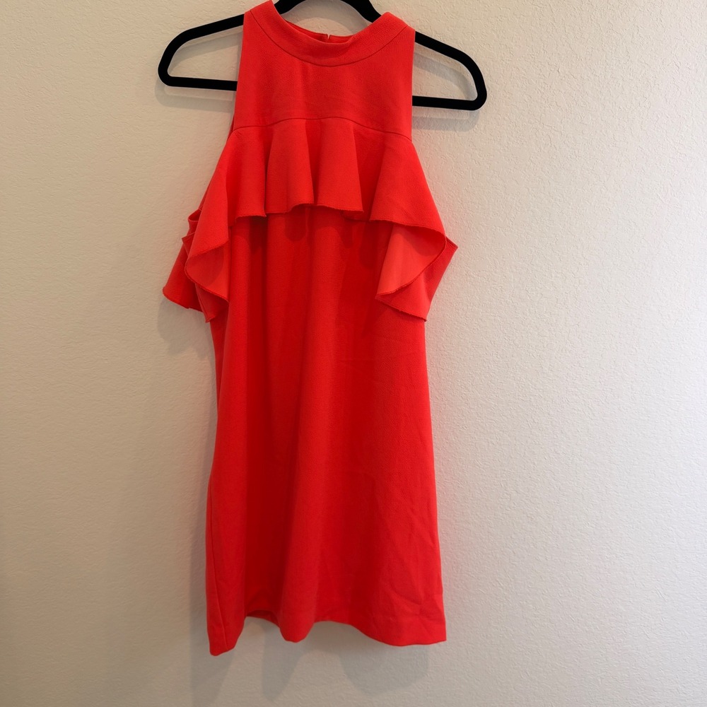 Trina Turk Red Ruffle Cold Shoulder Mock Neck Shift Dress Size 8